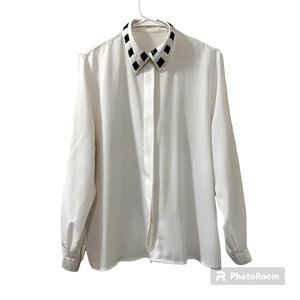 Galla Bis By Helen Yovou White Silk?Long Sleeve Top Cylinder Sequin Collar Sz 46